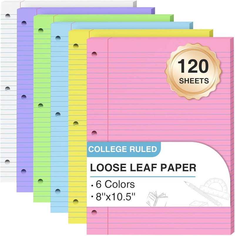 Zaviko 120 ورقة ورق مفكوك 8 × 10.5، 6 ألوان ورق مخطط مقاس كليه، ورق دفتر مثقوب 3 ثقوب 8 × 10.5، ورق مجلد 20 ورقة/عبوة، ورق ملون للمكتب، المدرسة، المنزل - Image 1